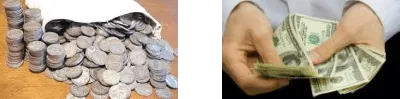 Hands exchanging cash for a junk silver bag, showing the final step of selling 90% silver coins.