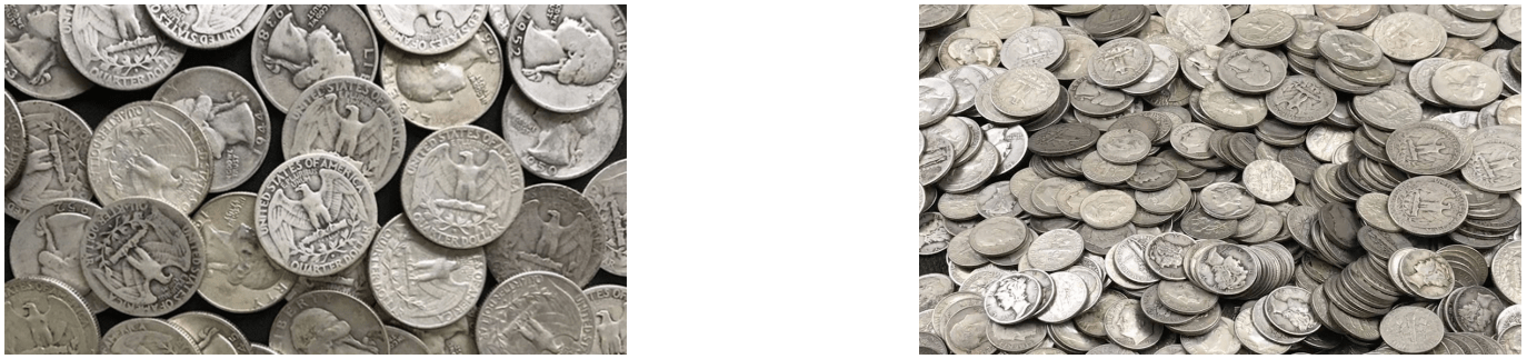 piles of junk silver quarters and junk silver dimes