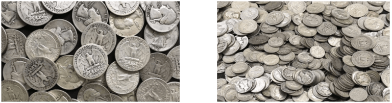 piles of junk silver quarters and junk silver dimes
