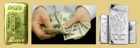 Hands exchanging cash for a gold bar and silver bars, illustrating the final sale with gold bullion buyers.