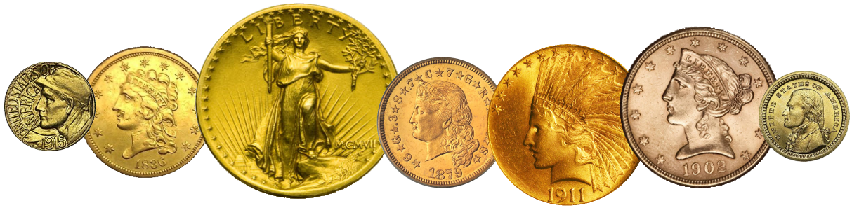 A montage of various U.S. gold coins, including a Saint-Gaudens and a Liberty Head, appraised by an expert gold coin dealer.