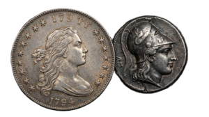 A numismatic study of early coinage featuring an ancient Greek Silver Tetradrachm and a high-grade Flowing Hair Silver Dollar, highlighting the transition from hand-struck to early milled coinage.