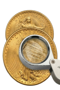 A close-up view through a magnifying glass showing abrasive cleaning scratches on a rare coin's surface.