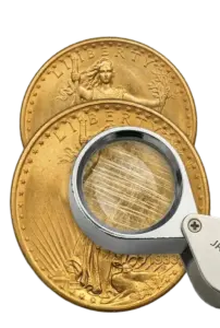 A close-up view through a magnifying glass showing abrasive cleaning scratches on a rare coin's surface.