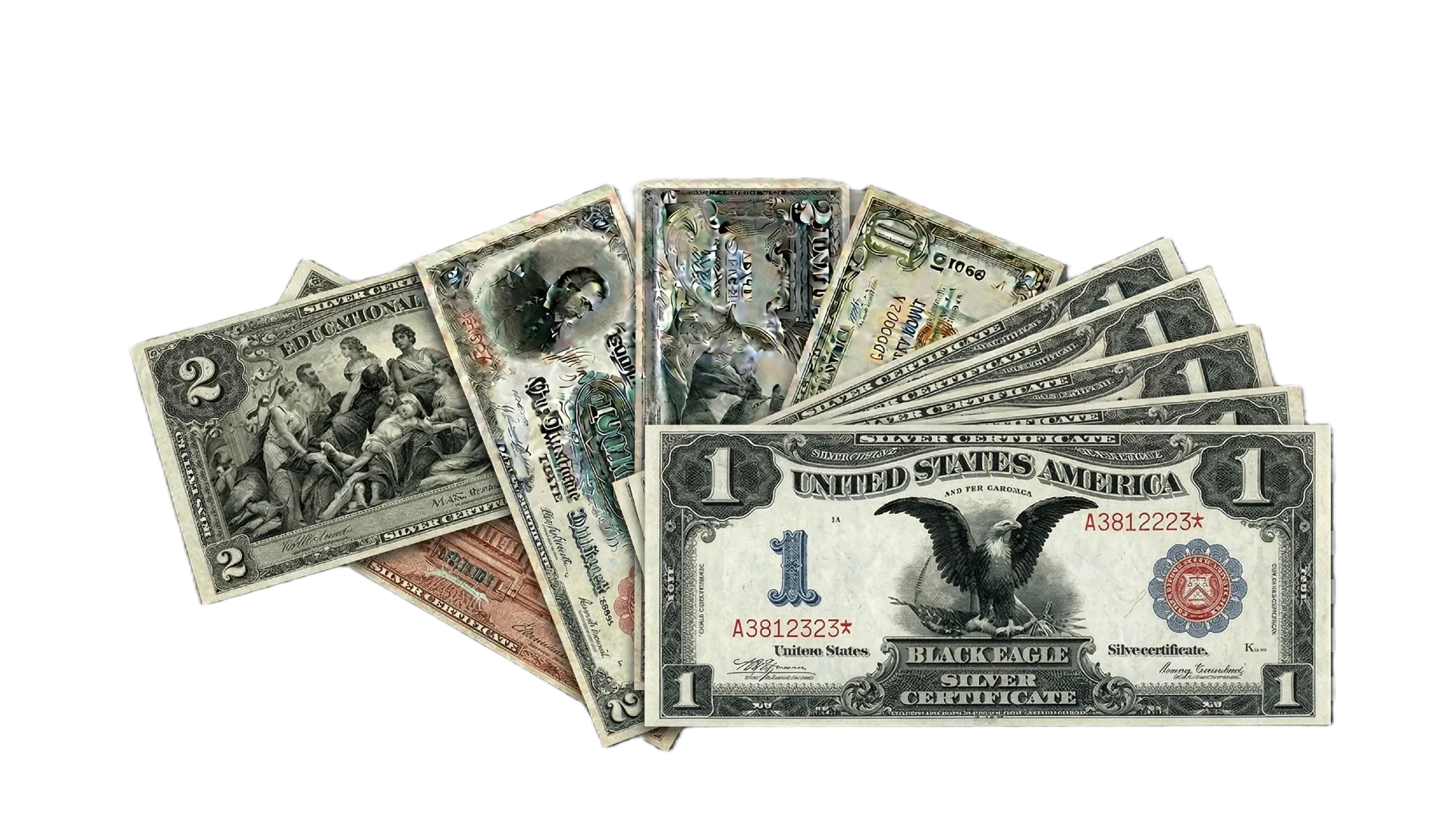 Lead brand header for American Rarities featuring the company logo above a collection of Ancient Greek Athenian Owl tetradrachms, British Gold Sovereigns, and rare world banknotes on a transparent background.
