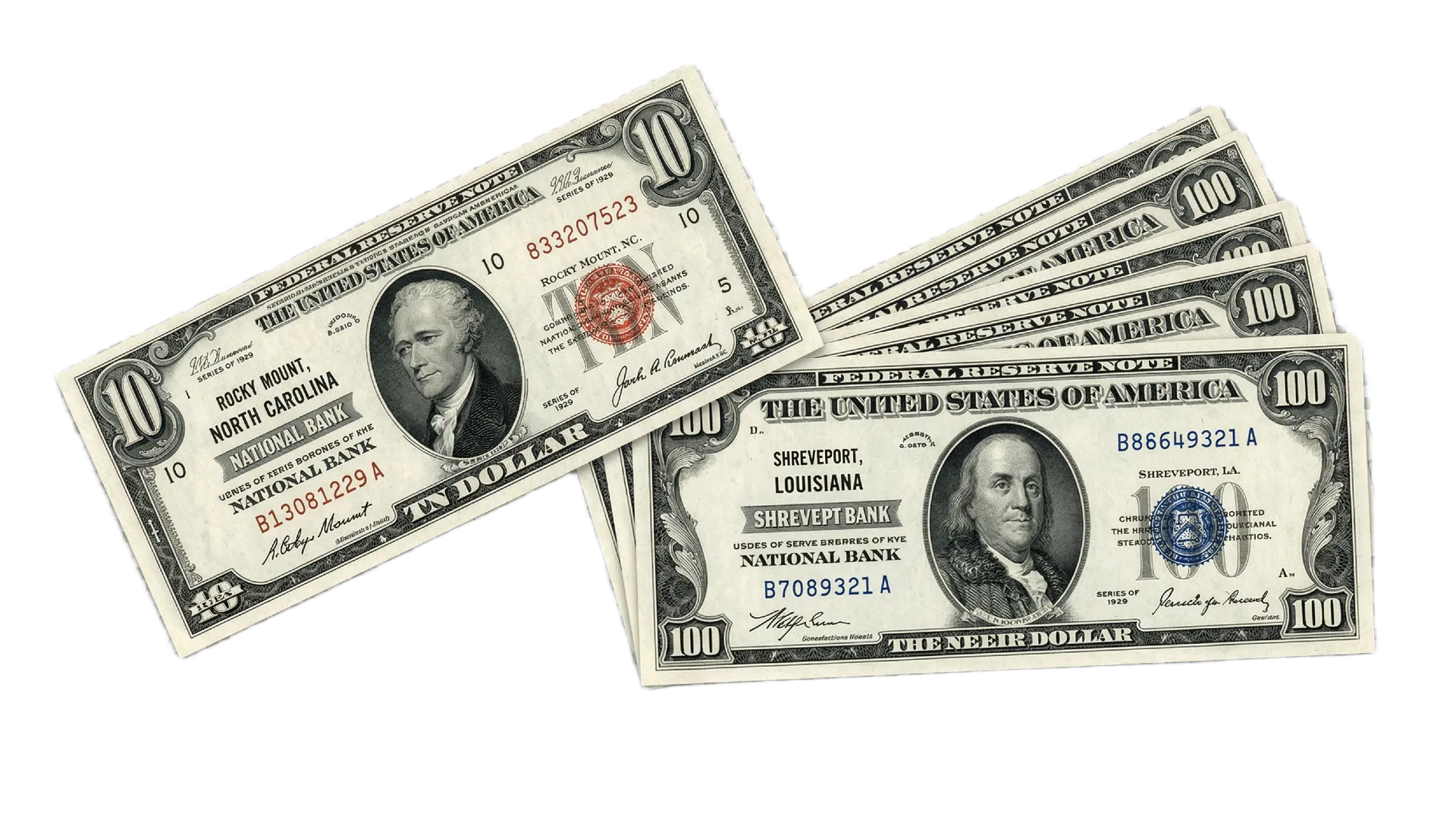 A rare United States currency display on a transparent background, featuring a fanned Series of Federal Reserve Notes.
