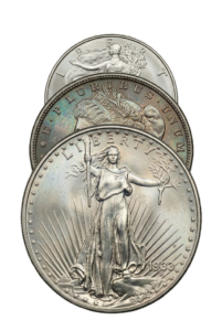 A silver coin featuring natural and beautiful rainbow toning, a sign of an uncleaned original surface.