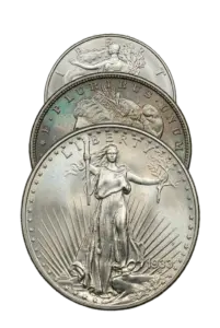 Several gold and silver coins featuring natural and beautiful rainbow toning, a sign of an uncleaned original surface.