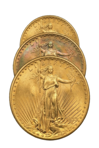 A set of U.S. gold coins scaled by size, all featuring original, uncleaned surfaces.