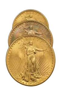 A set of U.S. gold coins scaled by size, all featuring original, uncleaned surfaces.