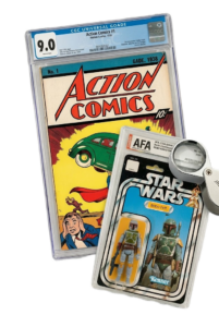High-value alternative tangible assets including a golden age comic book and a vintage toy.
