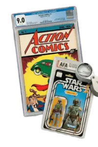 High-value alternative tangible assets including a golden age comic book and a vintage toy. 