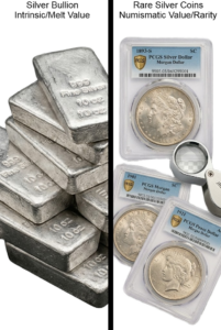 A comparison image showing a silver bullion bar and a rare numismatic Morgan silver dollar.