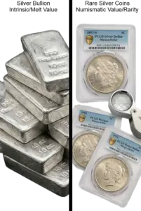 A comparison image showing a silver bullion bar and rare numismatic Morgan silver dollars.