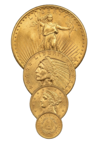 A professional display of U.S. gold coins scaled by historical diameter for investment comparison.