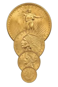 A professional display of U.S. gold coins scaled by historical diameter for investment comparison.