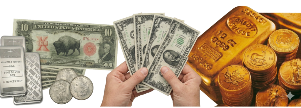 A high-end display of tangible assets held in hands, including a Gold Buffalo, silver bars, and rare banknotes, featuring the American Rarities brand.