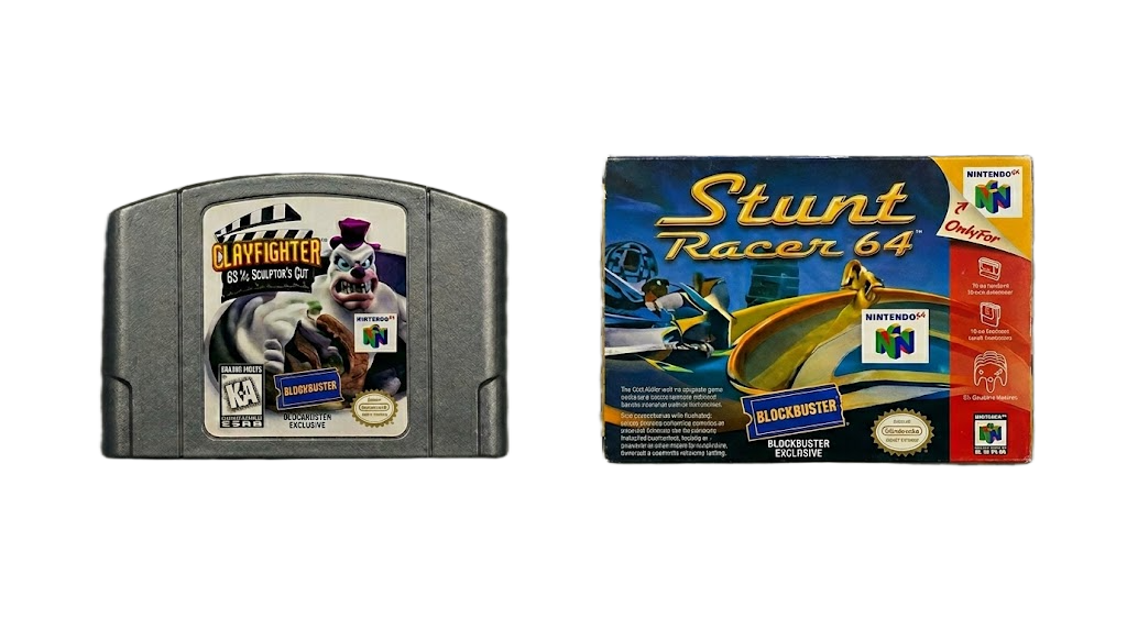 The rare ClayFighter 63 1/3 Sculptor's Cut cartridge and original box, highlighting the Blockbuster Exclusive gold foil seal.