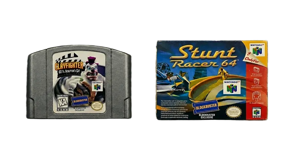 The rare ClayFighter 63 1/3 Sculptor's Cut cartridge and original box, highlighting the Blockbuster Exclusive gold foil seal.