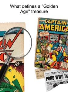 A composite image showing a magnifying glass inspecting the condition of a vintage Golden Age comic book.