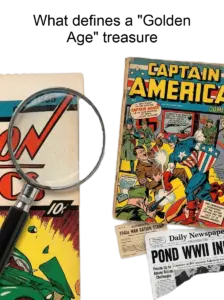 A composite image showing a magnifying glass inspecting the condition of a vintage Golden Age comic book.