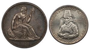 Two significant US silver coins: a rare 1836 Gobrecht Dollar and a 1920 Pilgrim Tercentenary Half Dollar, showing the artistic evolution of US coinage.