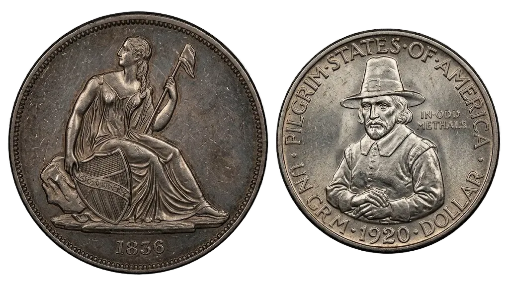 Two significant US silver coins: a rare 1836 Gobrecht Dollar and a 1920 Pilgrim Tercentenary Half Dollar, showing the artistic evolution of US coinage.