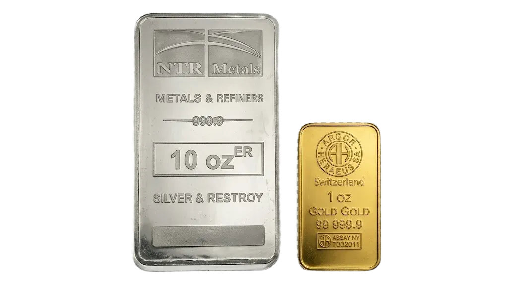 A side-by-side comparison of a 10 oz silver bullion bar and a 1 oz gold bar, representing foundational tangible assets.