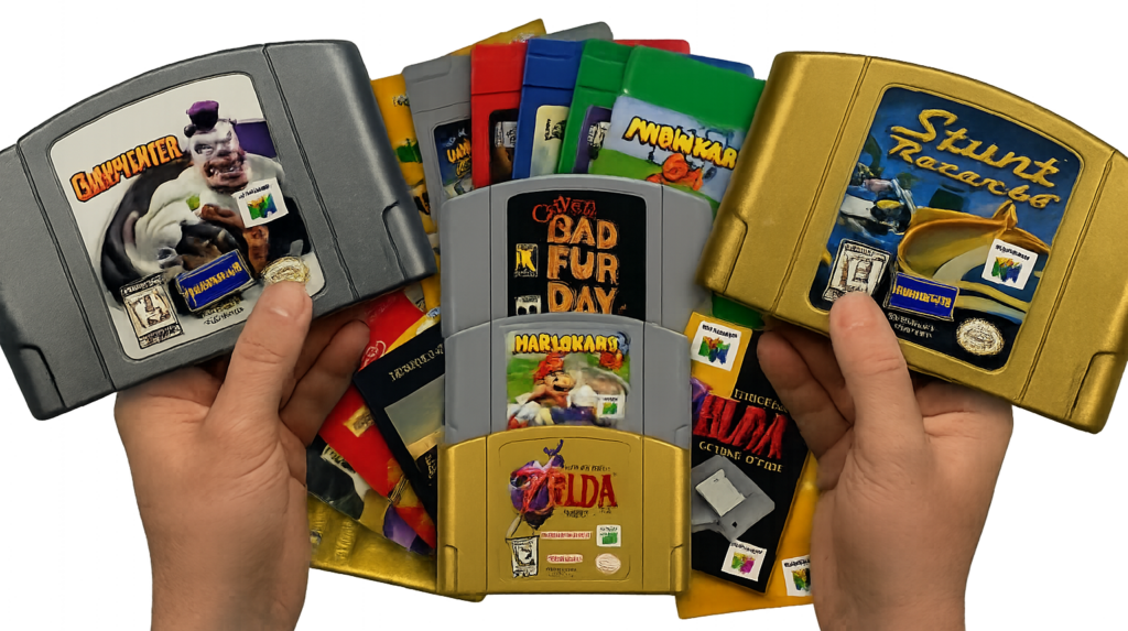 A high-end composite image of rare Nintendo 64 games including ClayFighter Sculptor's Cut and Stunt Racer 64 with the American Rarities logo.