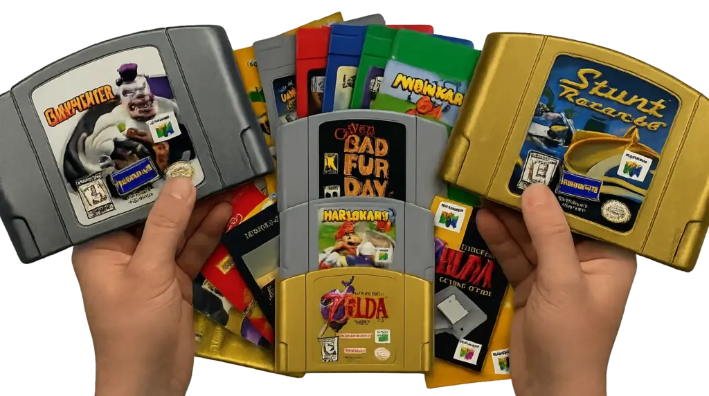 A high-end composite image of rare Nintendo 64 games including ClayFighter Sculptor's Cut and Stunt Racer 64.