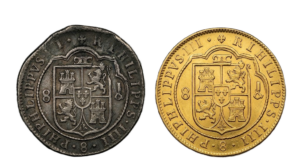 A visual comparison of shipwreck recovery conditions, showing a silver coin with moderate sea-surface effect alongside a pristine gold coin.