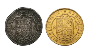 A visual comparison of shipwreck recovery conditions, showing a silver coin with moderate sea-surface effect alongside a pristine gold coin.