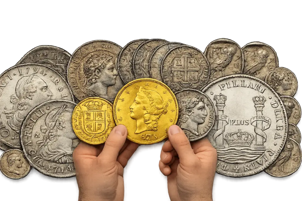 A collection of authentic shipwreck coinage including a Spanish silver 8 Reales cob, a gold doubloon, and a $20 gold double eagle from the SS Central America on a transparent background.