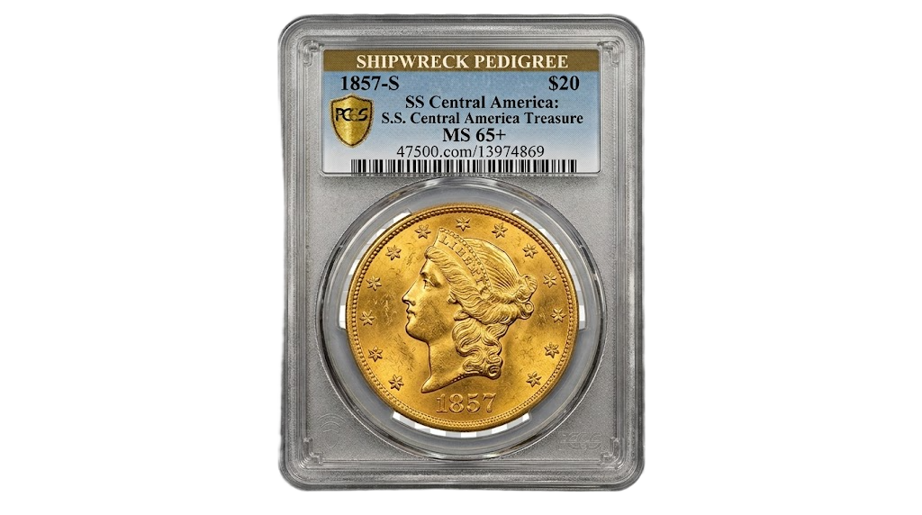 A high-grade 1857-S $20 Liberty Head Gold Double Eagle recovered from the SS Central America shipwreck, displaying remarkable original luster.