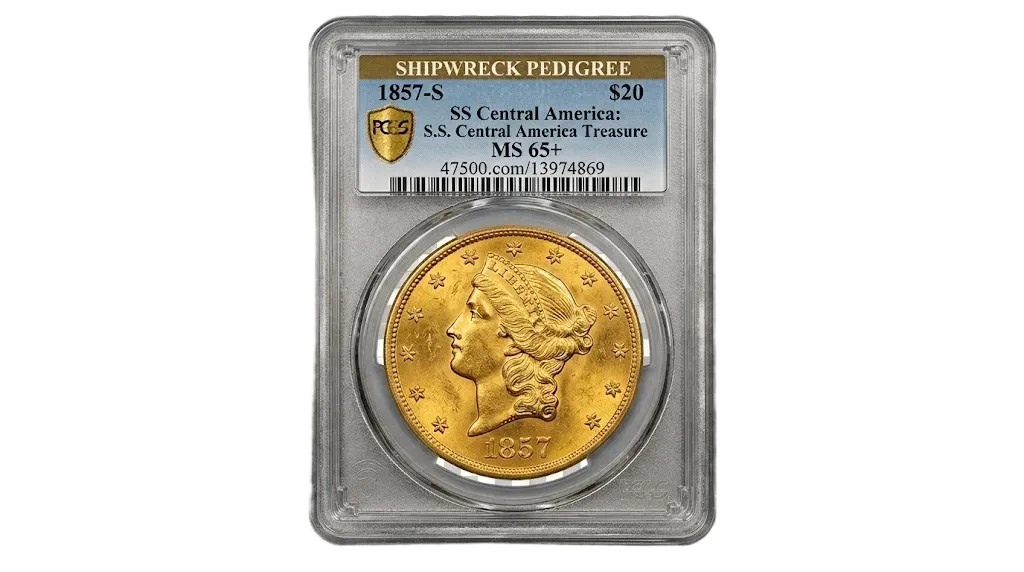A high-grade 1857-S $20 Liberty Head Gold Double Eagle recovered from the SS Central America shipwreck, displaying remarkable original luster.