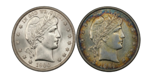 Side-by-side comparison of a brilliant uncirculated 1900 Barber half dollar and a rainbow-toned 1904 Barber half dollar, demonstrating how eye appeal affects coin value.