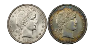 Side-by-side comparison of a brilliant uncirculated 1900 Barber half dollar and a rainbow-toned 1904 Barber half dollar, demonstrating how eye appeal affects coin value.