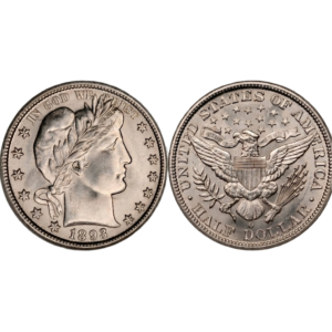 Obverse and reverse sides of standard and toned Barber half dollars from 1893 and 1904, illustrating condition rarity for collectors.