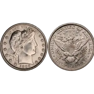 Obverse and reverse sides of standard and toned Barber half dollars from 1893 and 1904, illustrating condition rarity for collectors.