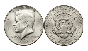 Wide, side-by-side view of complete obverse and reverse sides of a brilliant uncirculated 1964 Kennedy half dollar, visually demonstrating the last year of 90% silver content for collectors identification.