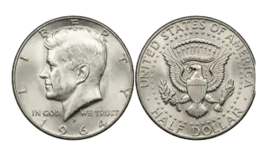 Wide, side-by-side view of complete obverse and reverse sides of a brilliant uncirculated 1964 Kennedy half dollar, visually demonstrating the last year of 90% silver content for collectors identification.