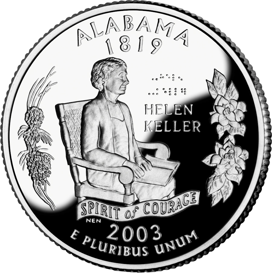 Reverse of the Alabama state quarter featuring Helen Keller, valued by an expert Alabama coin dealer.