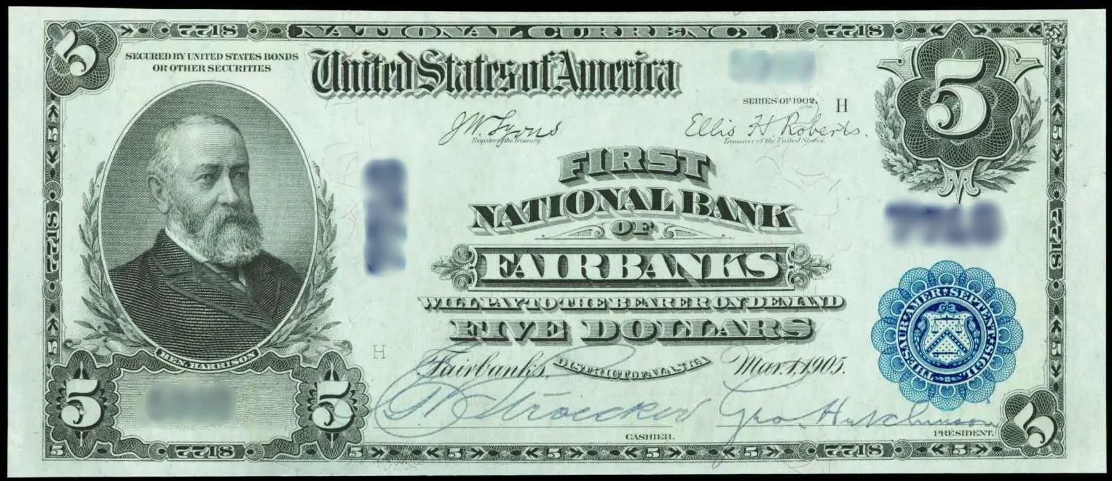 An expert Alaska coin dealer appraising a rare Alaska National Currency Note.
