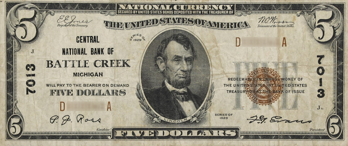 A rare National Bank Note from Battle Creek, an item appraised by a professional Michigan coin dealer.