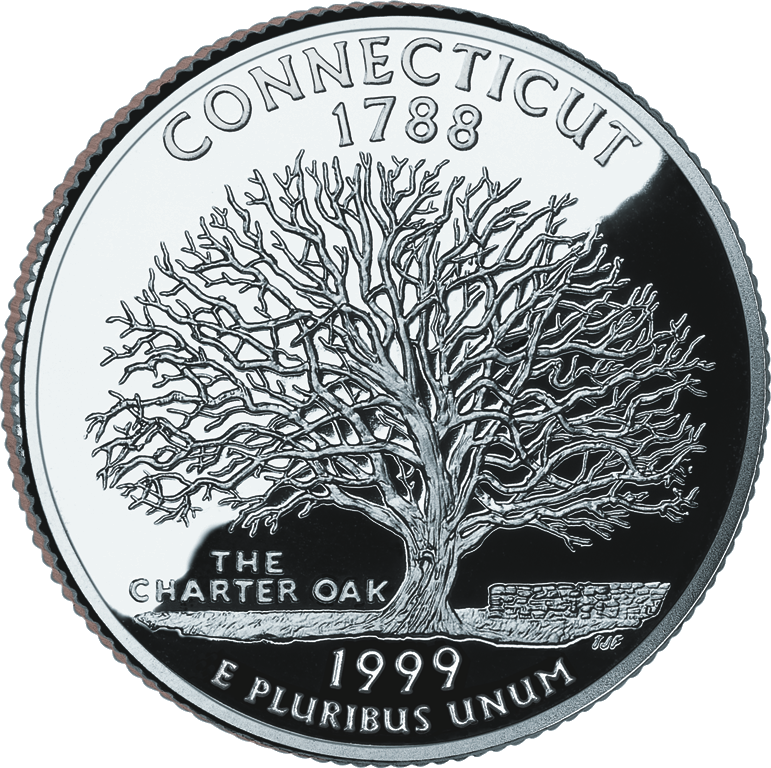 Reverse of the Connecticut state quarter, valued by an expert Connecticut coin dealer.