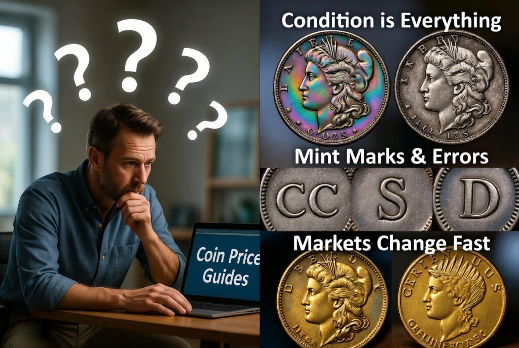 Pitfalls of DIY coin research, condition, mint marks, and market changes make online lookups misleading for inherited collections.