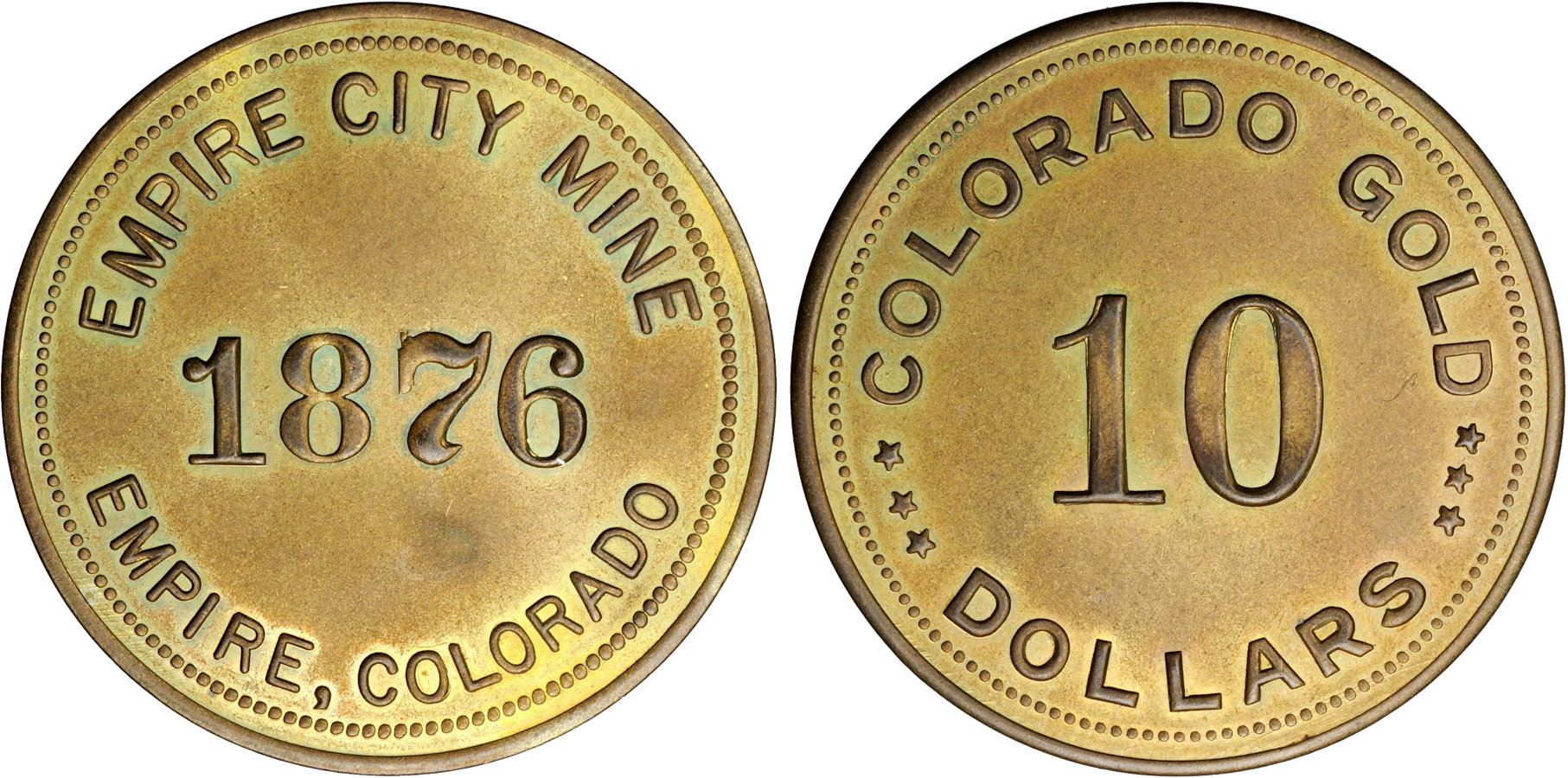 An 1876 Empire City Mine gold token, a rare piece of Colorado history appraised by an expert Colorado coin dealer.