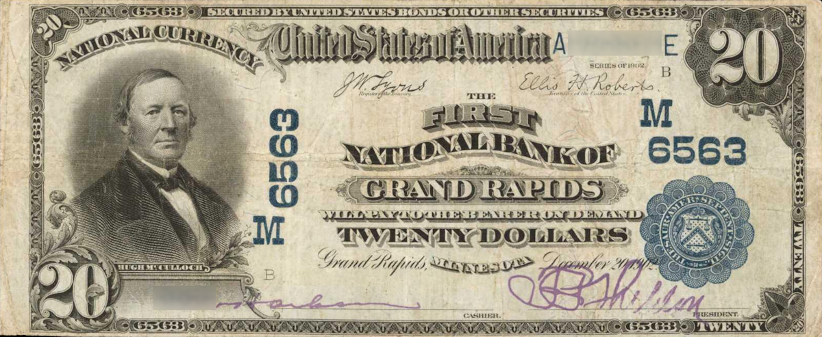 A rare National Bank Note from Grand Rapids, an item appraised by a professional Minnesota coin dealer.