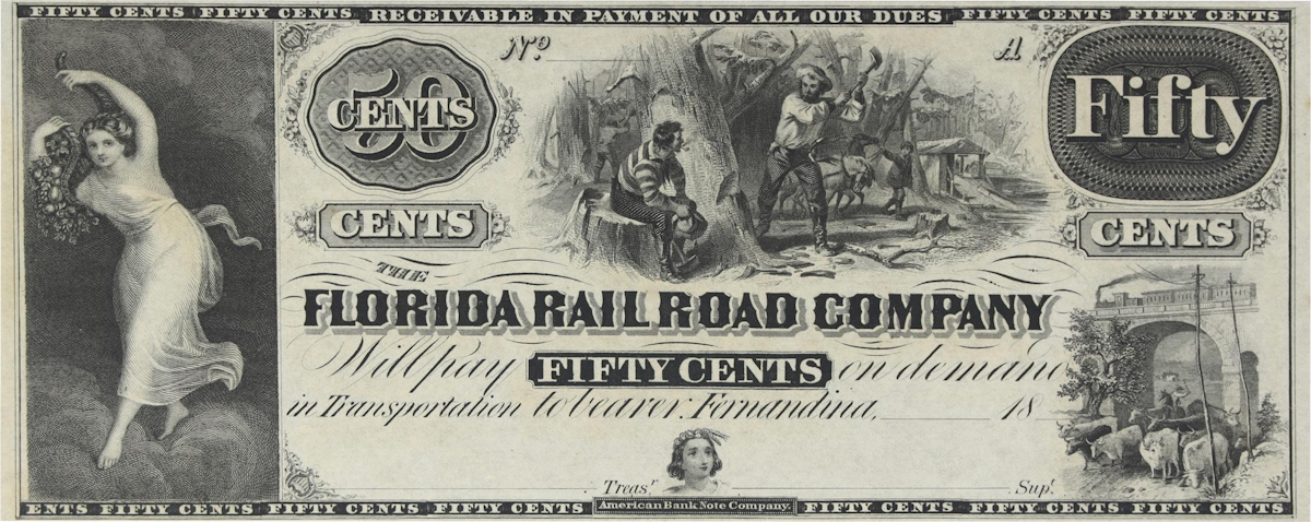 A historic Florida Railroad Company 50 cents note, an item appraised by an expert Florida coin dealer.
