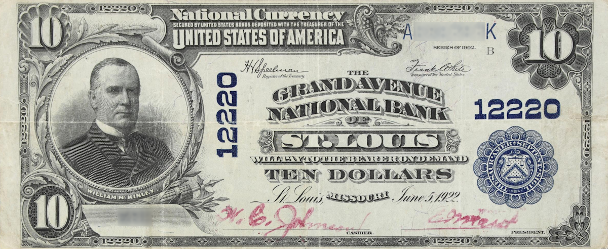 A rare National Bank Note from St. Louis, an item appraised by a professional Missouri coin dealer.